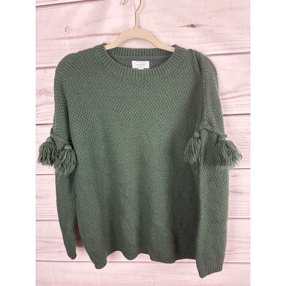 Mud Pie Green Textured Knit Tassel Sleeve Sweater Womens Medium Pullover